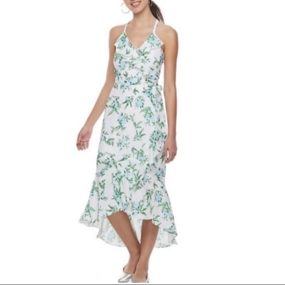 Disney Princess Floral High-Low Ruffle Midi Dress Blue Green XS Garden Cottage